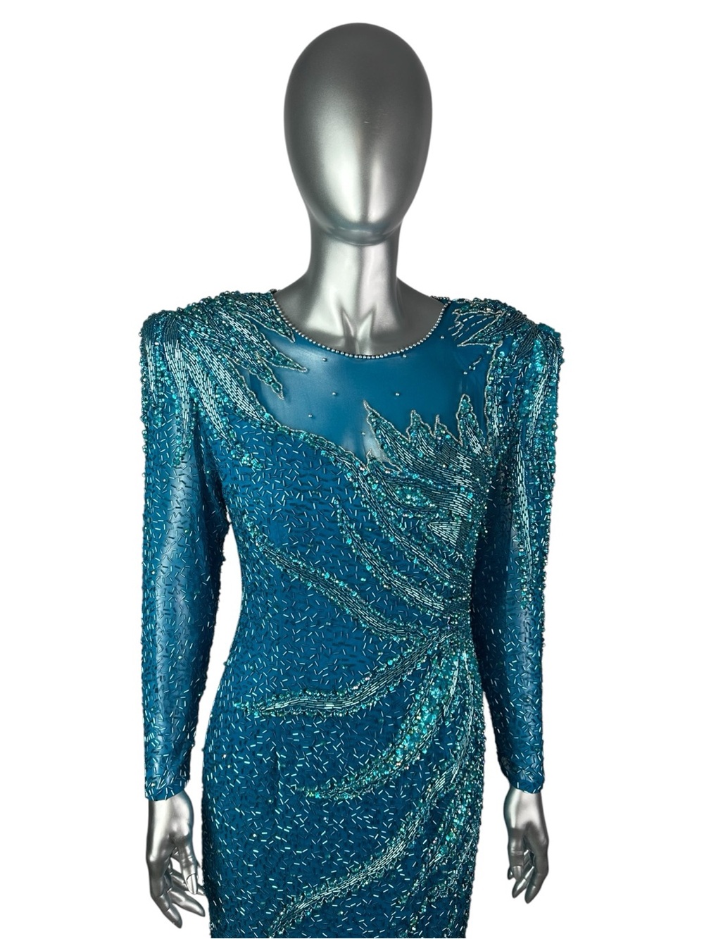 Turquoise BEADED Evening Gown, BLACK TIE, Sz 6, Vintage 1980’s